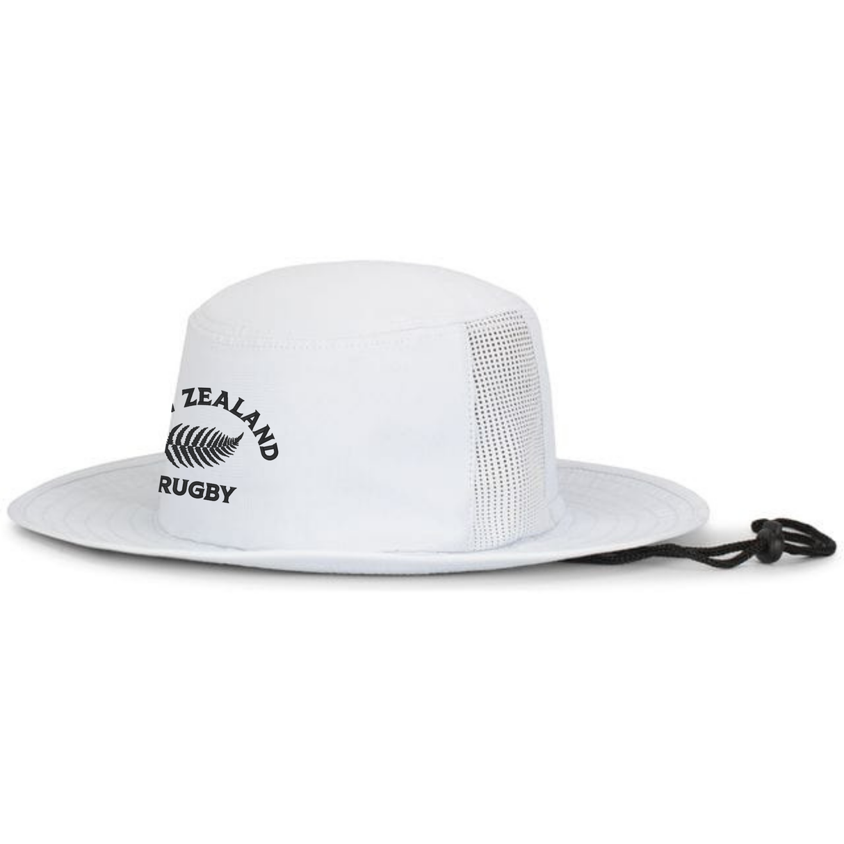 The EMB Augusta Nations of Rugby New Zealand Rugby Legend Boonie Cap is a white wide-brim hat with mesh side panels, black chin cord, and “New Zealand Rugby” fern logo—ideal fan gear for rugby supporters.