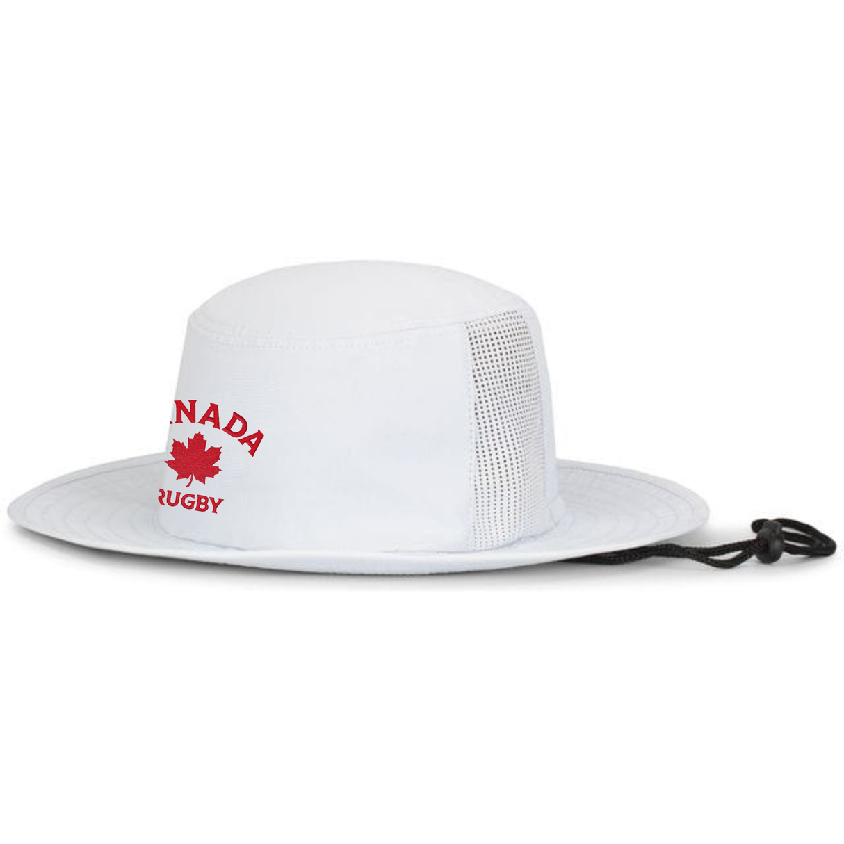 Show your Canada Rugby pride with the EMB Augusta Nations of Rugby Canada Rugby Perforated Boonie Cap, featuring a wide brim, side mesh panels, black adjustable chin cord, and red "Canada Rugby" text with maple leaf on the front.