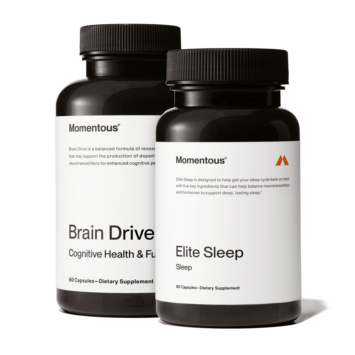 The Momentous Brain Drive + Elite Sleep Stack features two black bottles, supporting brain health and restful sleep, from the brand Momentous, shown side by side against a white background.