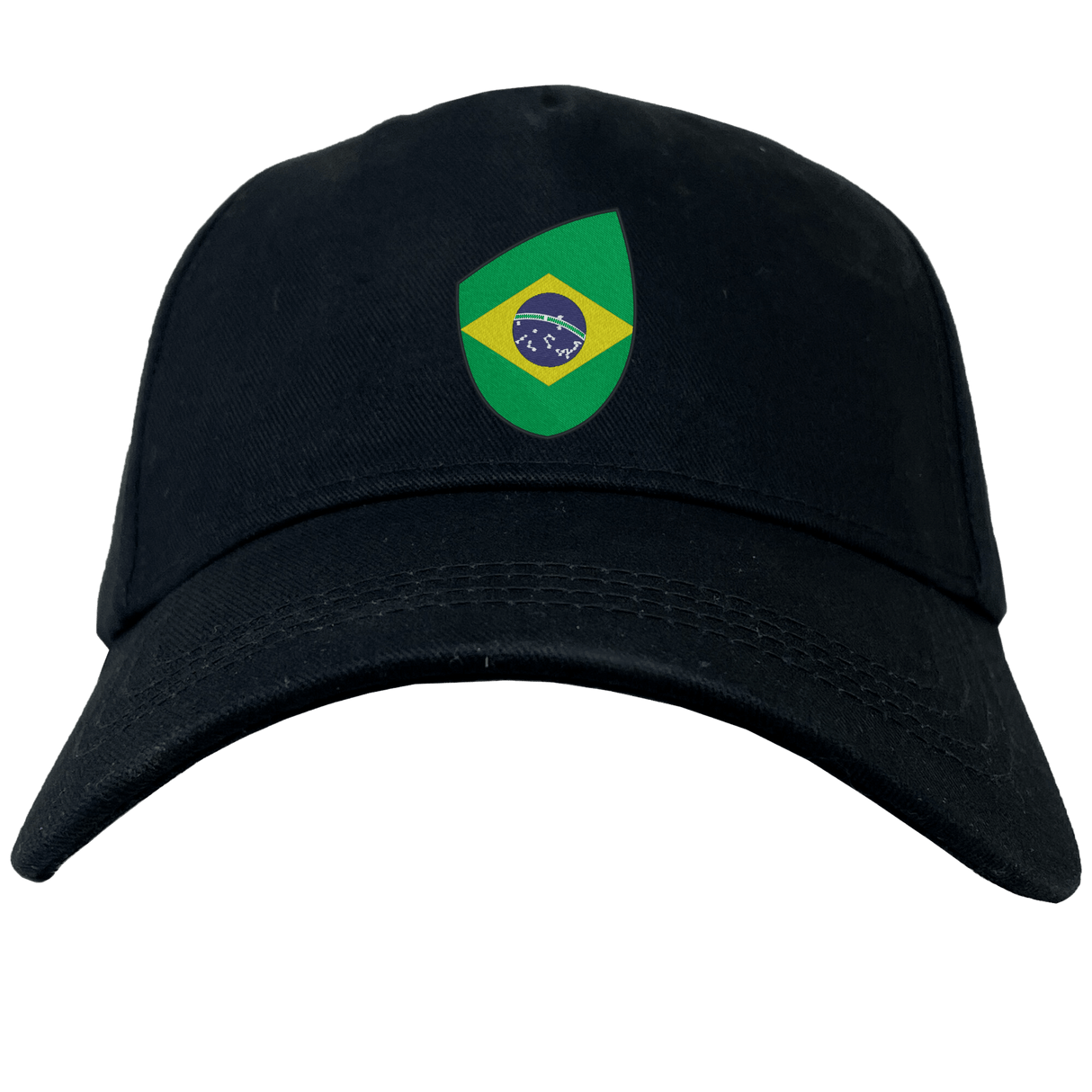 A black EMB Canterbury Brazil Shield Flex Drill Cap featuring the Brazilian flag prominently displayed on the front.