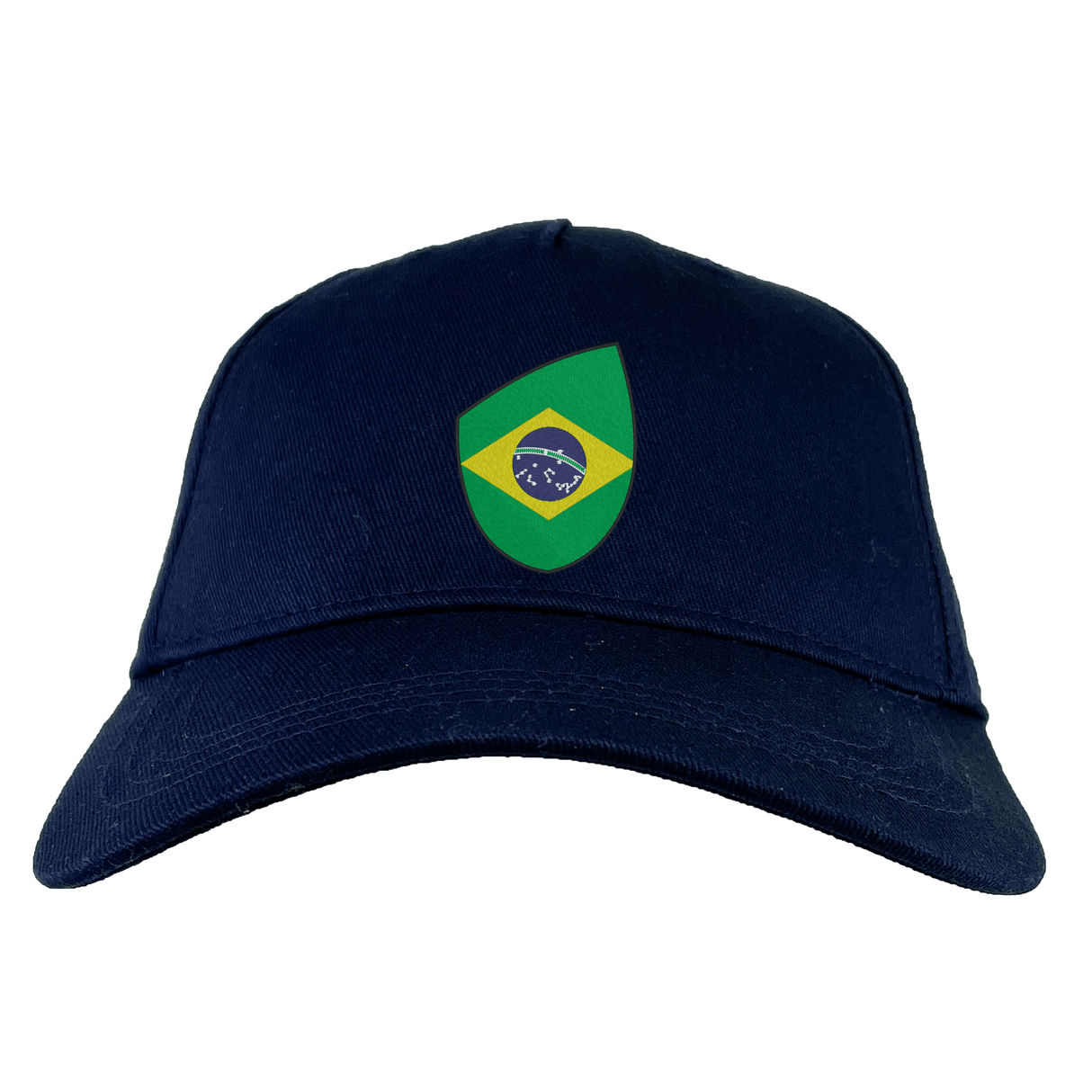 The EMB Canterbury Brazil Shield Flex Drill Cap is a durable, dark blue cap showcasing a Brazil flag emblem on the front.