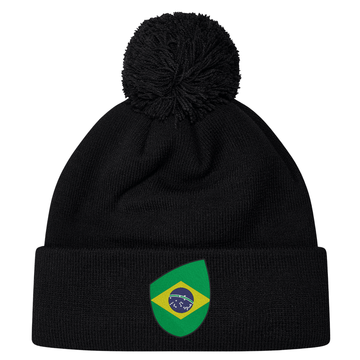 The EMB Canterbury Brazil Shield Pom Pom Beanie features a stylish black design, a charming pom-pom on top, and a vibrant Brazil flag patch on the front.