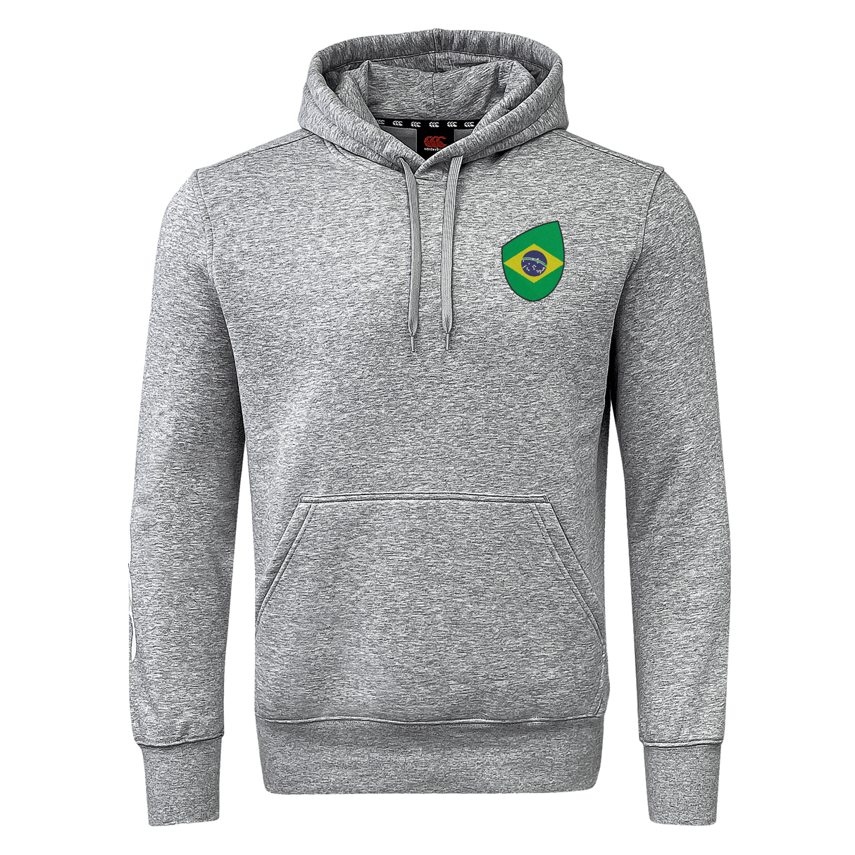 The Brazil Shield Club Hoodie by EMB Canterbury is a premium gray sweatshirt fleece, featuring a green shield logo and circular emblem on the chest, with Canterbury sleeve branding and a front pouch pocket.