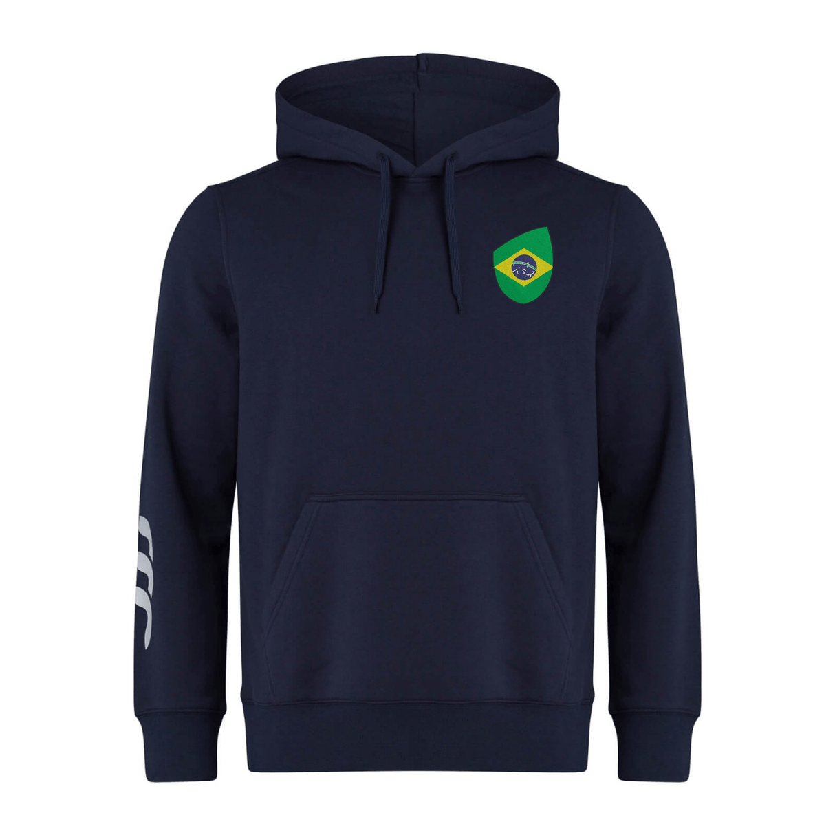 The Brazil Shield Club Hoodie by EMB Canterbury in navy blue is made from premium sweatshirt fleece, featuring a Brazil flag patch on the chest and Canterbury sleeve branding with white stripes.