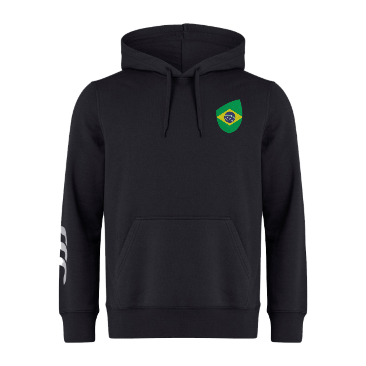 The EMB Canterbury Brazil Shield Club Hoodie boasts an embroidered green and yellow shield on the chest and white sleeve stripes. Made from premium sweatshirt fleece, it ensures ultimate comfort and style.