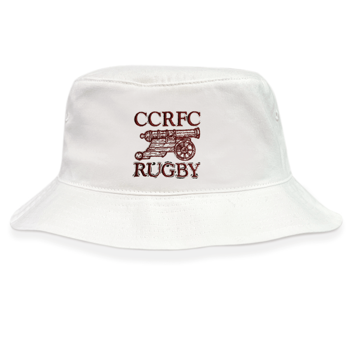 The Concord Carlisle Rugby Crusher Bucket Cap by EMB S&S Activewear is a white cotton twill bucket hat featuring "CCRFC RUGBY" and a cannon embroidered in maroon on the front, blending classic style with sun protection.