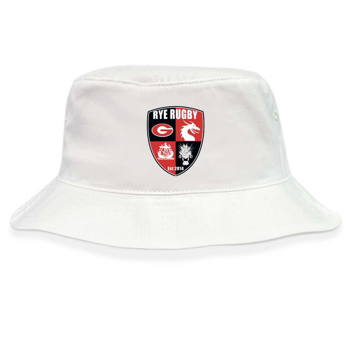 The EMB S&S Activewear Rye High School Rugby Crusher Bucket Cap is a white cotton twill hat with a "Rye Rugby" crest patch in red, black, and white—featuring rugby ball, dragon, and lion symbols for stylish sun protection.
