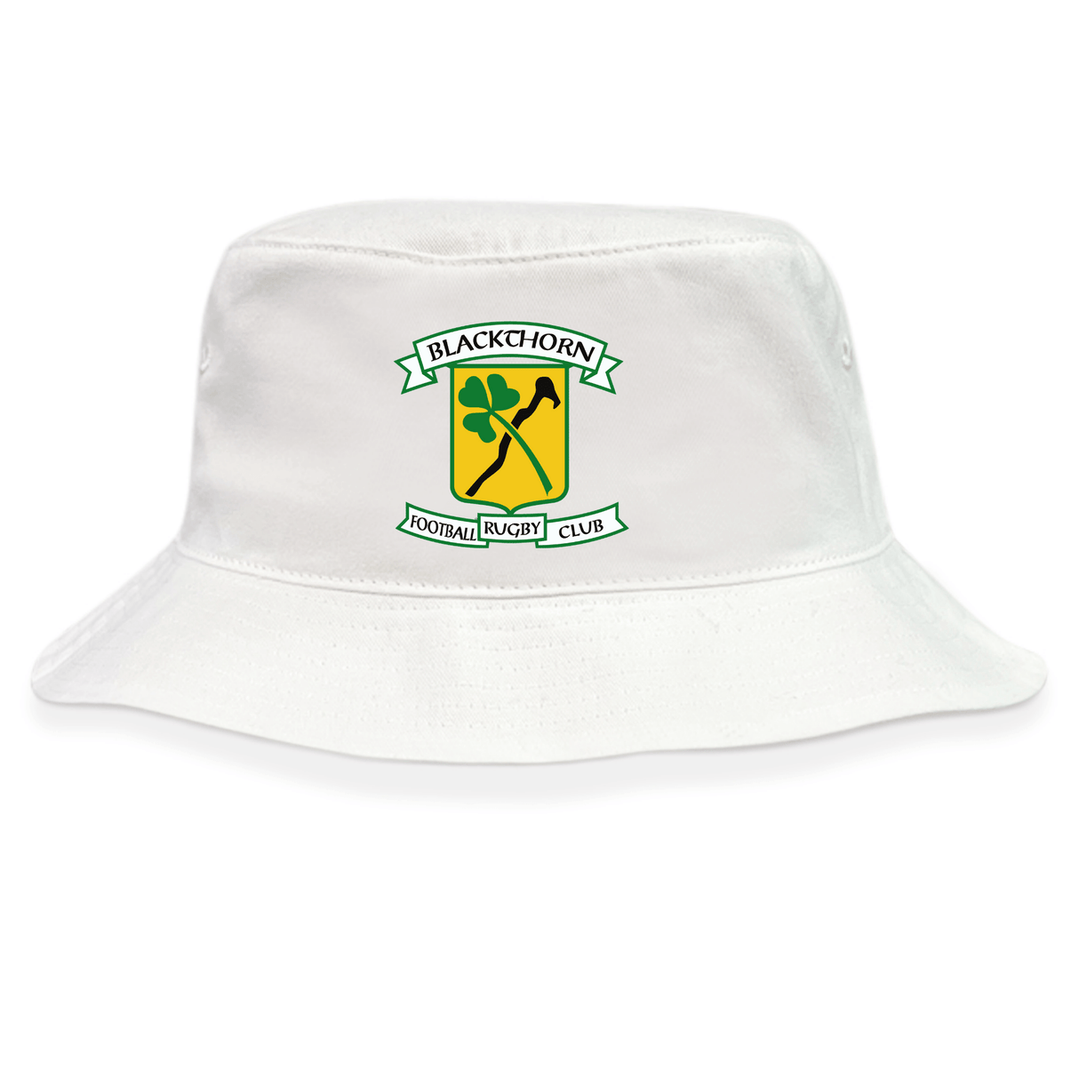 The Blackthorn RFC Crusher Bucket Cap by EMB S&S Activewear is a white cotton twill hat featuring the club logo with green text on a yellow background, providing comfortable sun protection.
