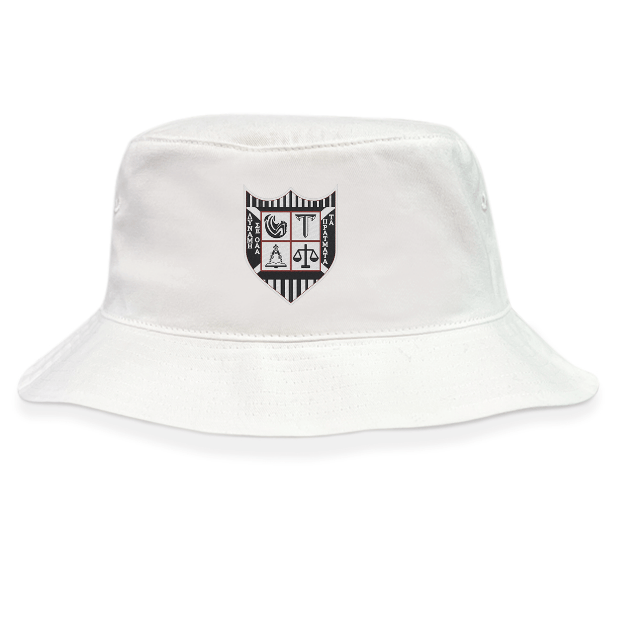 The Troy University Rugby Crusher Bucket Cap by EMB S&S Activewear is a white cotton twill hat with a black and white striped crest featuring stylized letters and symbols on the front, offering stylish sun protection.