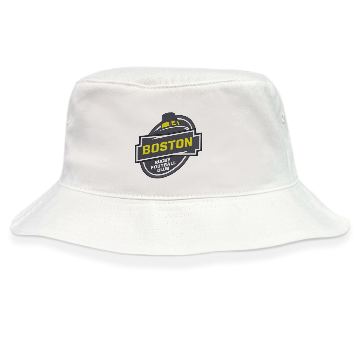 The Boston RFC Crusher Bucket Cap by EMB S&S Activewear is a white cotton twill hat featuring a "Boston Rugby Football Club" logo with a rugby ball icon in black, yellow, and white on the front, offering stylish sun protection.