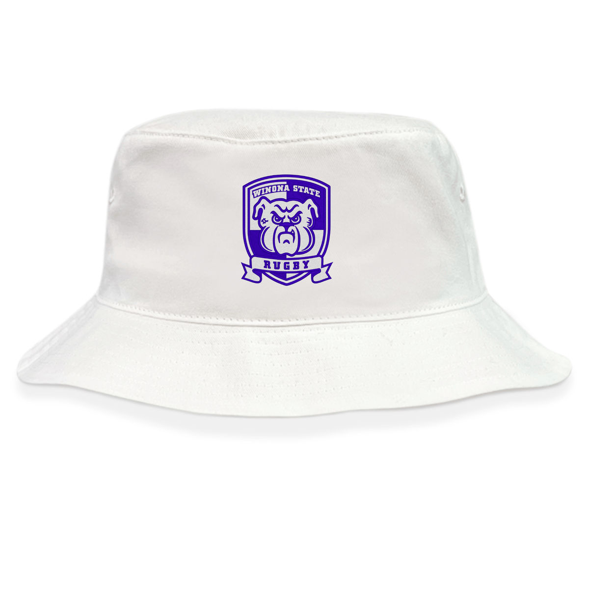 White cotton twill Winona State University Crusher Bucket Cap by EMB S&S Activewear, featuring a purple crest logo with a lion and "VIRGINIA STATE RUGBY" text on the front, for stylish sun protection.