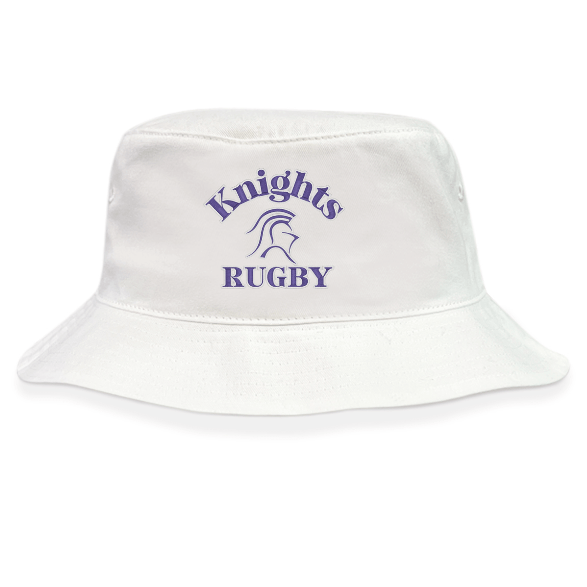 The Ardrey Kell Rugby Crusher Bucket Cap by EMB S&S Activewear is made of white cotton twill and features "Knights Rugby" with a purple knight helmet logo on the front for style and sun protection.