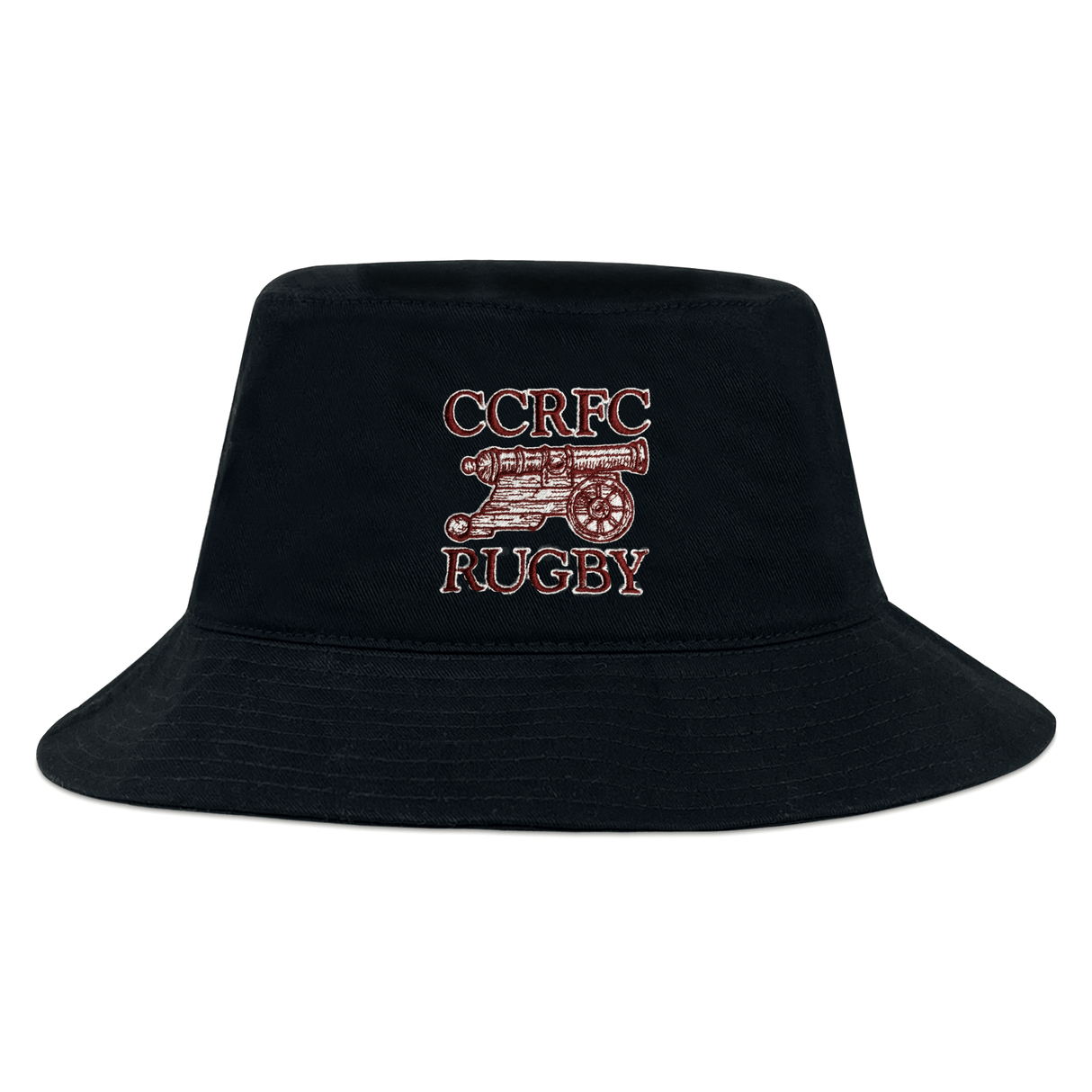The EMB S&S Activewear Concord Carlisle Rugby Crusher Bucket Cap is a black cotton twill hat with an embroidered cannon and "CCRFC RUGBY" in red and white on the front, adding style and sun protection.