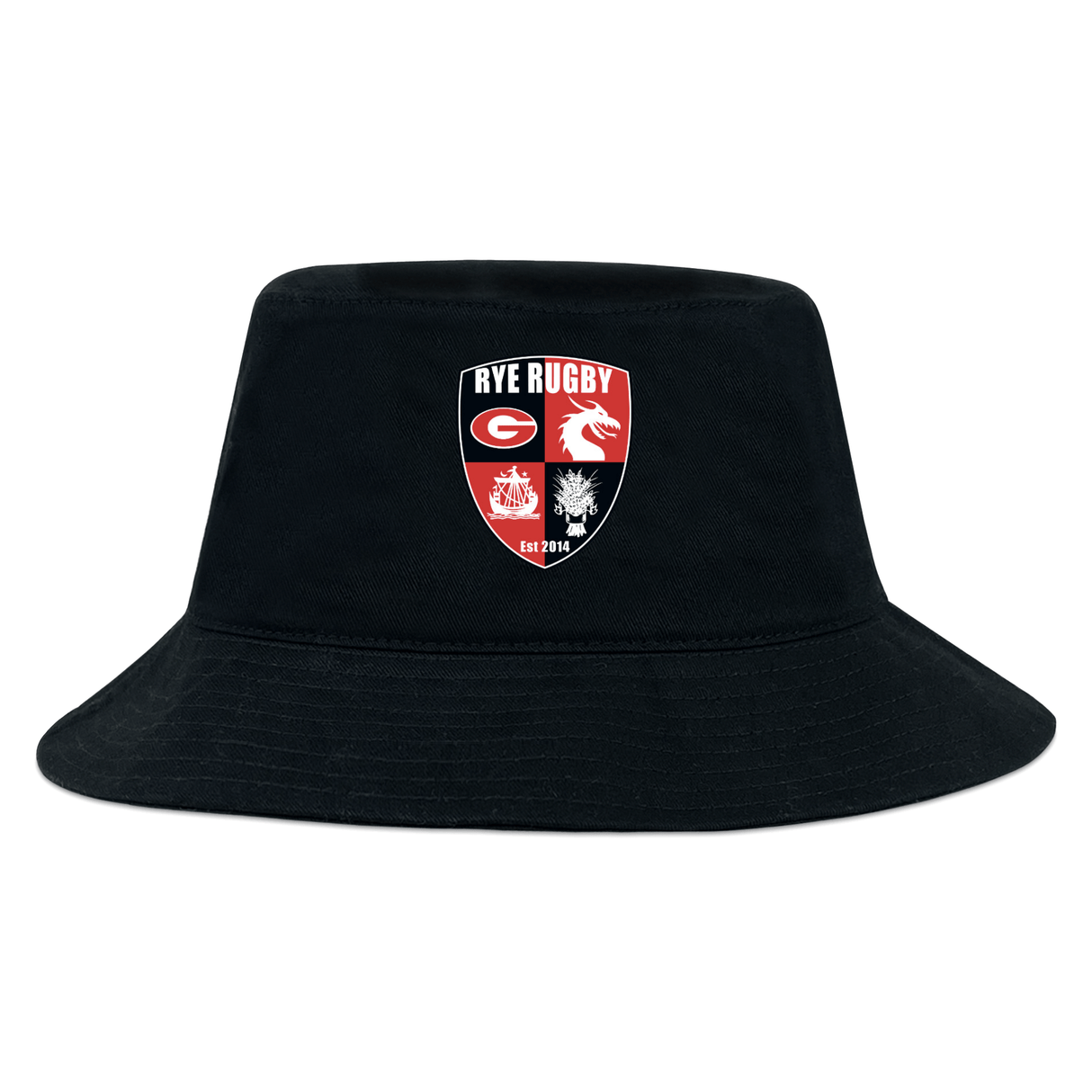 The Rye High School Rugby Crusher Bucket Cap by EMB S&S Activewear features red, black, and white panels with animal icons and “Est 2014”—ideal for stylish sun protection.