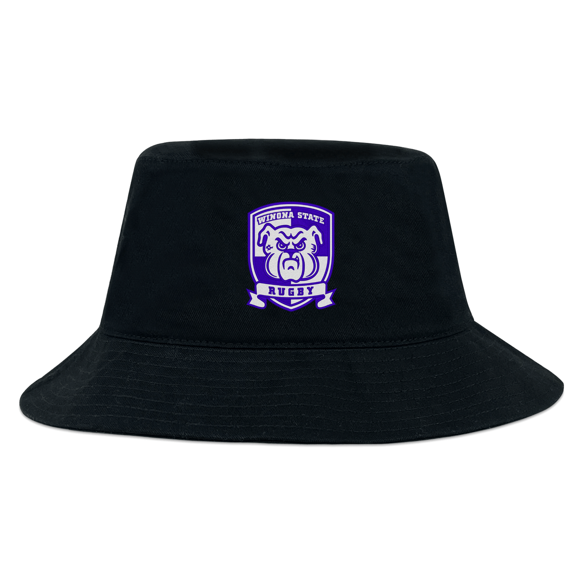 The EMB S&S Activewear Winona State University Crusher Bucket Cap is a black cotton twill hat with a purple and white Rugby bulldog logo on the front, providing stylish sun protection.