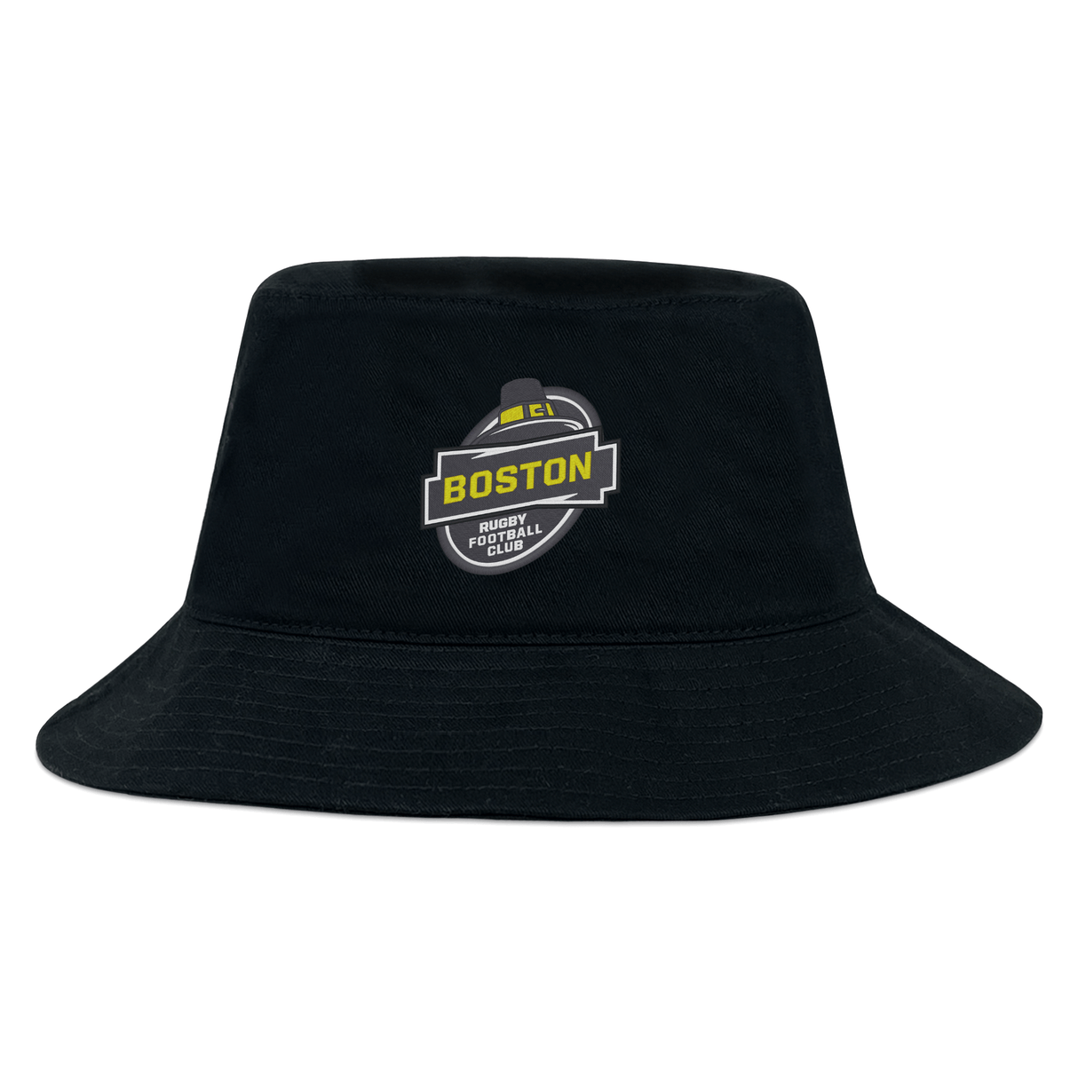 The EMB S&S Activewear Boston RFC Crusher Bucket Cap is made from cotton twill and showcases a Boston rugby football club logo patch on the front, blending style with sun protection.