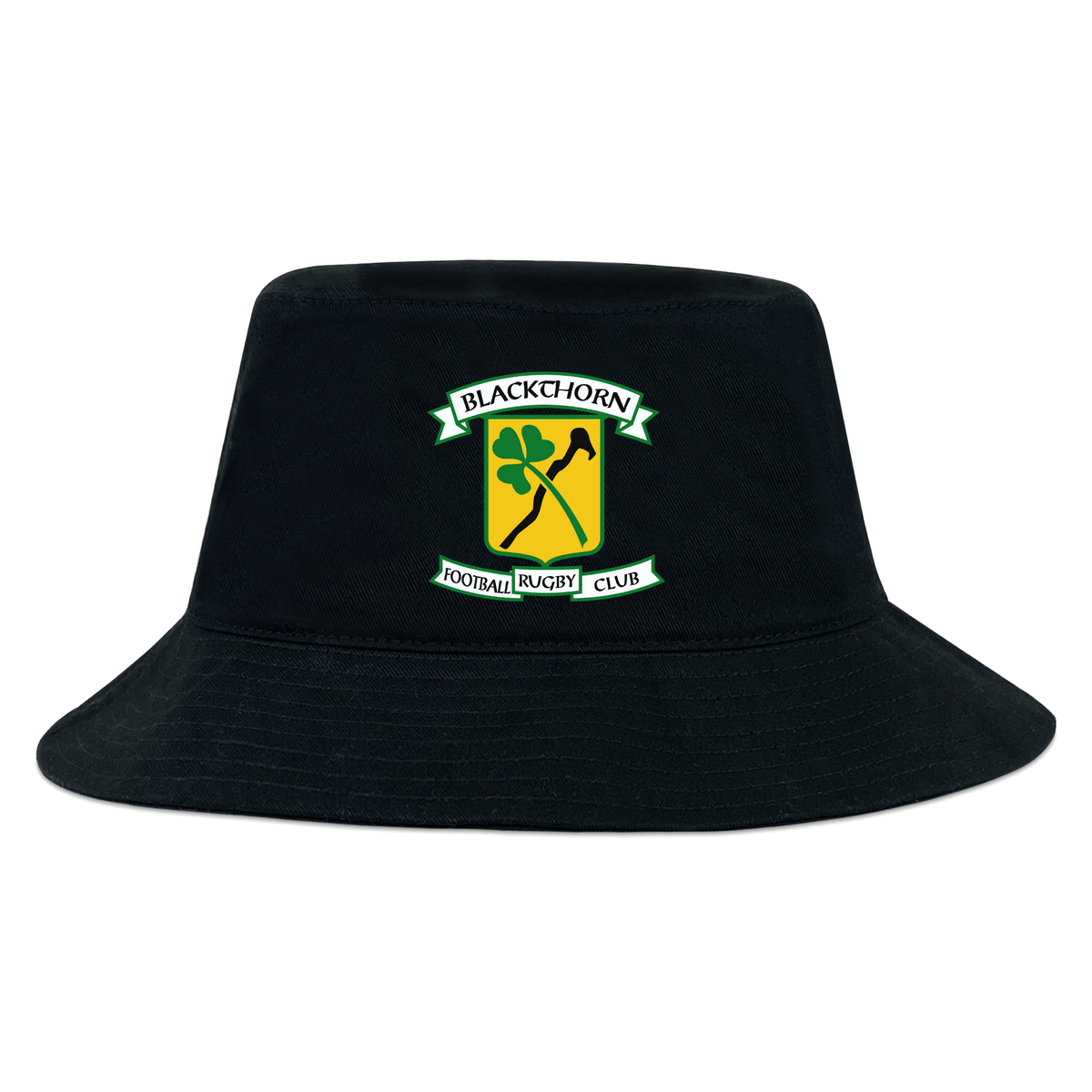 The Blackthorn RFC Crusher Bucket Cap by EMB S&S Activewear is a black cotton twill hat with the club's shamrock and hurley logo on the front, offering stylish sun protection.