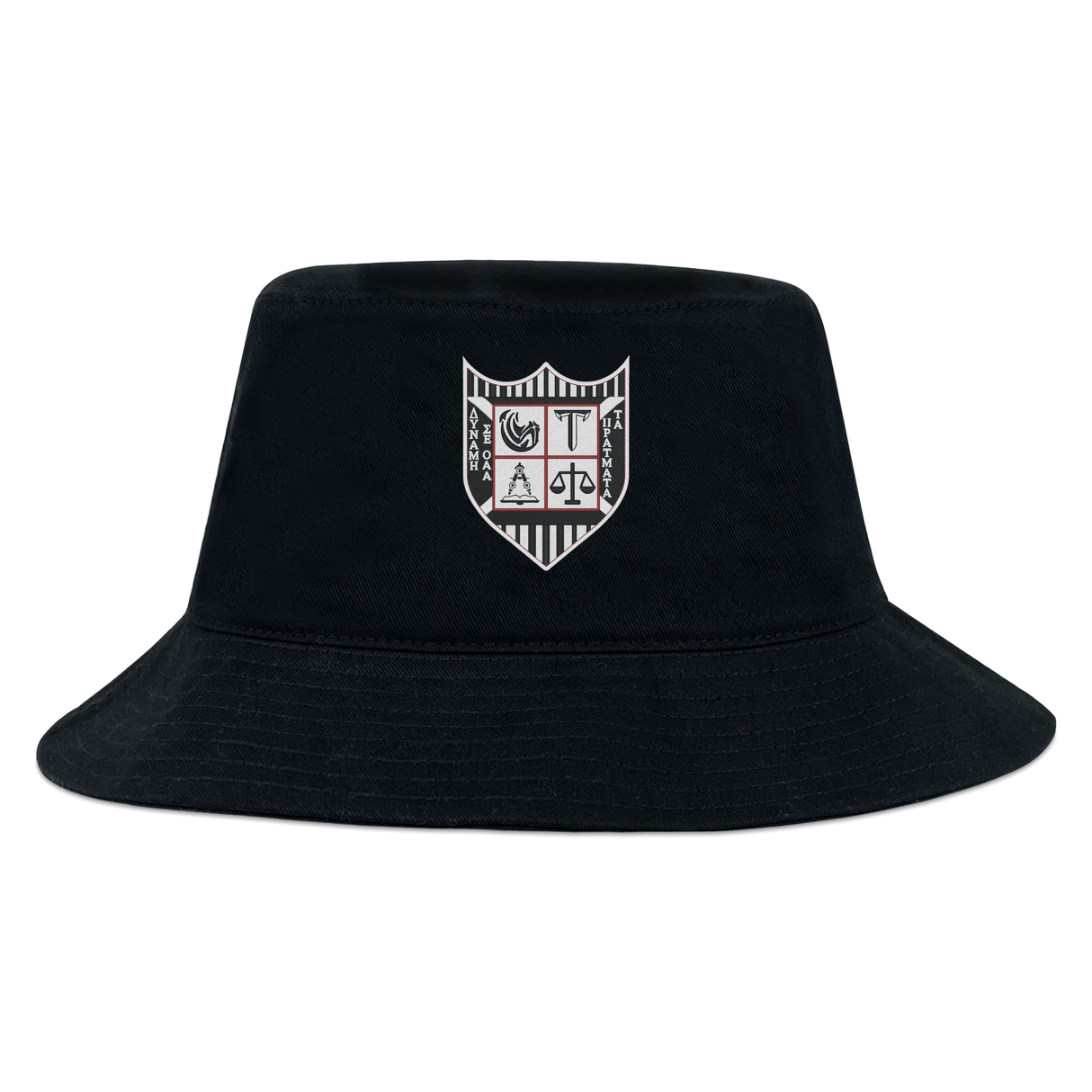 The Troy University Rugby Crusher Bucket Cap by EMB S&S Activewear is a black cotton twill hat with a white and black striped shield emblem on the front, combining style and sun protection.