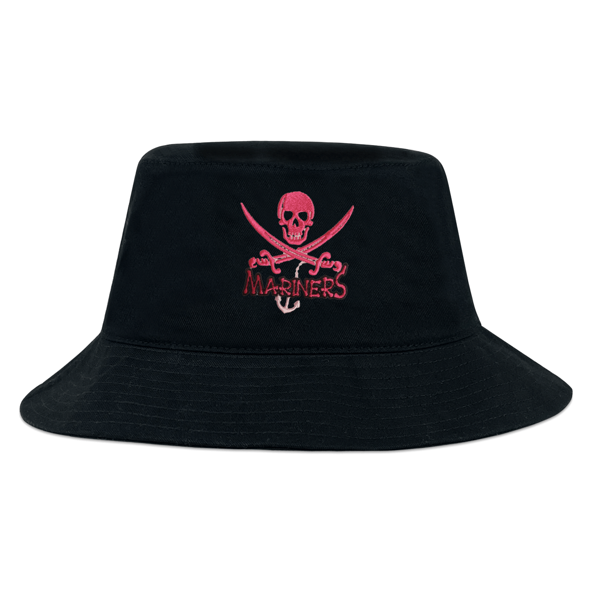 The SUNY Maritime Crusher Bucket Cap by EMB S&S Activewear is a black cotton twill hat with a pink skull and crossed swords graphic, “Mariners” text, and an anchor below for bold style and sun protection.