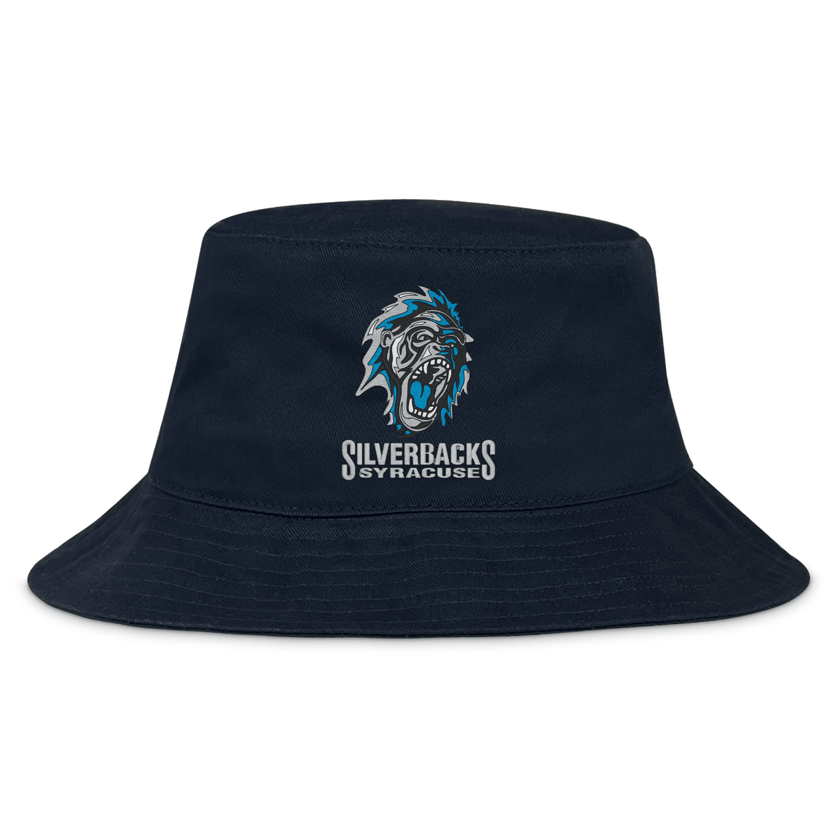 The Syracuse Silverbacks Crusher Bucket Cap by EMB S&S Activewear is a navy blue cotton twill hat with a roaring gorilla logo and "Silverbacks Syracuse" embroidered on the front, providing excellent sun protection.