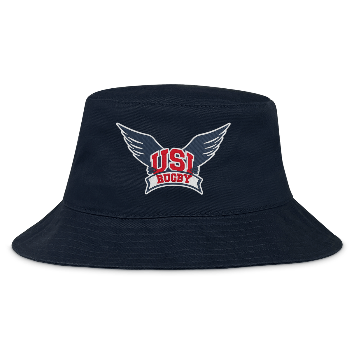 The EMB S&S Activewear University of Southern Indiana Crusher Bucket Cap features navy blue cotton twill and a winged "USI Rugby" logo embroidered in red, white, and gray for classic style and sun protection.