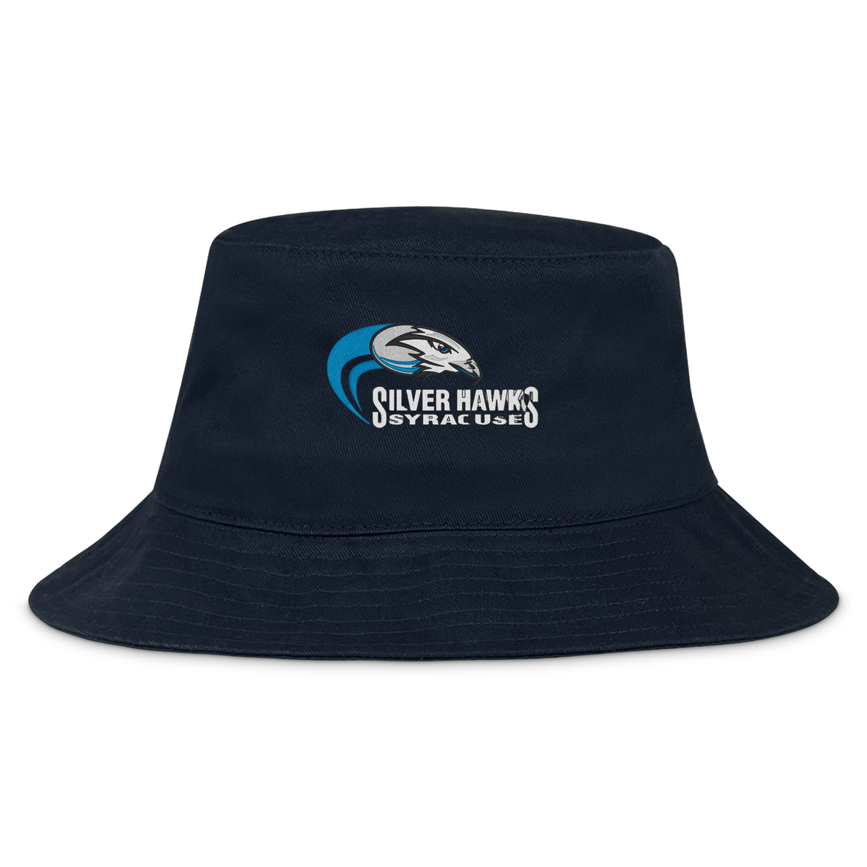 The Syracuse Silver Hawks Crusher Bucket Cap by EMB S&S Activewear is a navy cotton twill hat with a stylized hawk head and "Silver Hawks Syracuse" logo on the front, combining stylish sun protection with team spirit.