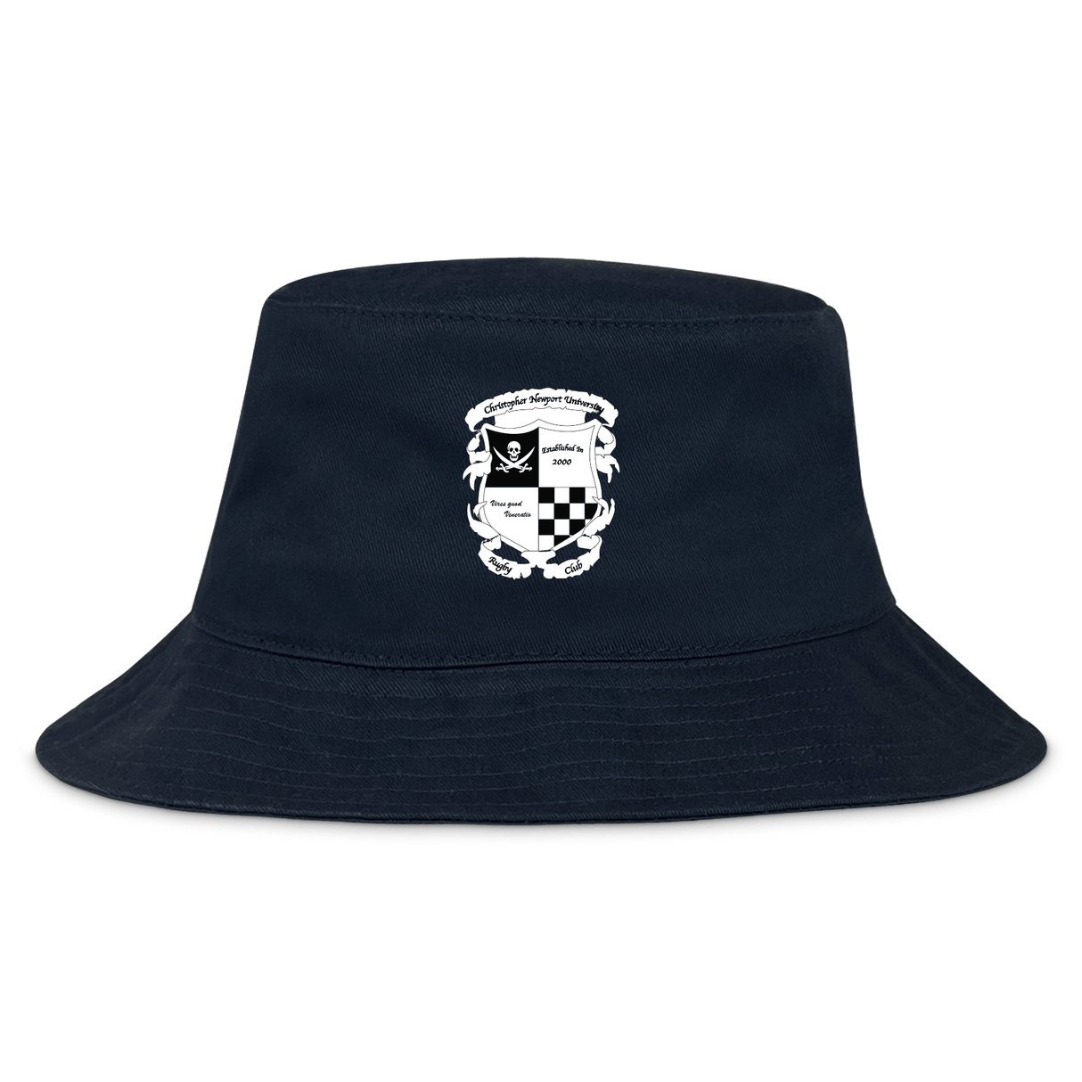 The Rugby Football Club at Christopher Newport University Crusher Bucket Cap by EMB S&S Activewear is a navy blue cotton twill hat with a white skull and crossbones crest, checkerboard accents, and text—ideal for sun protection.