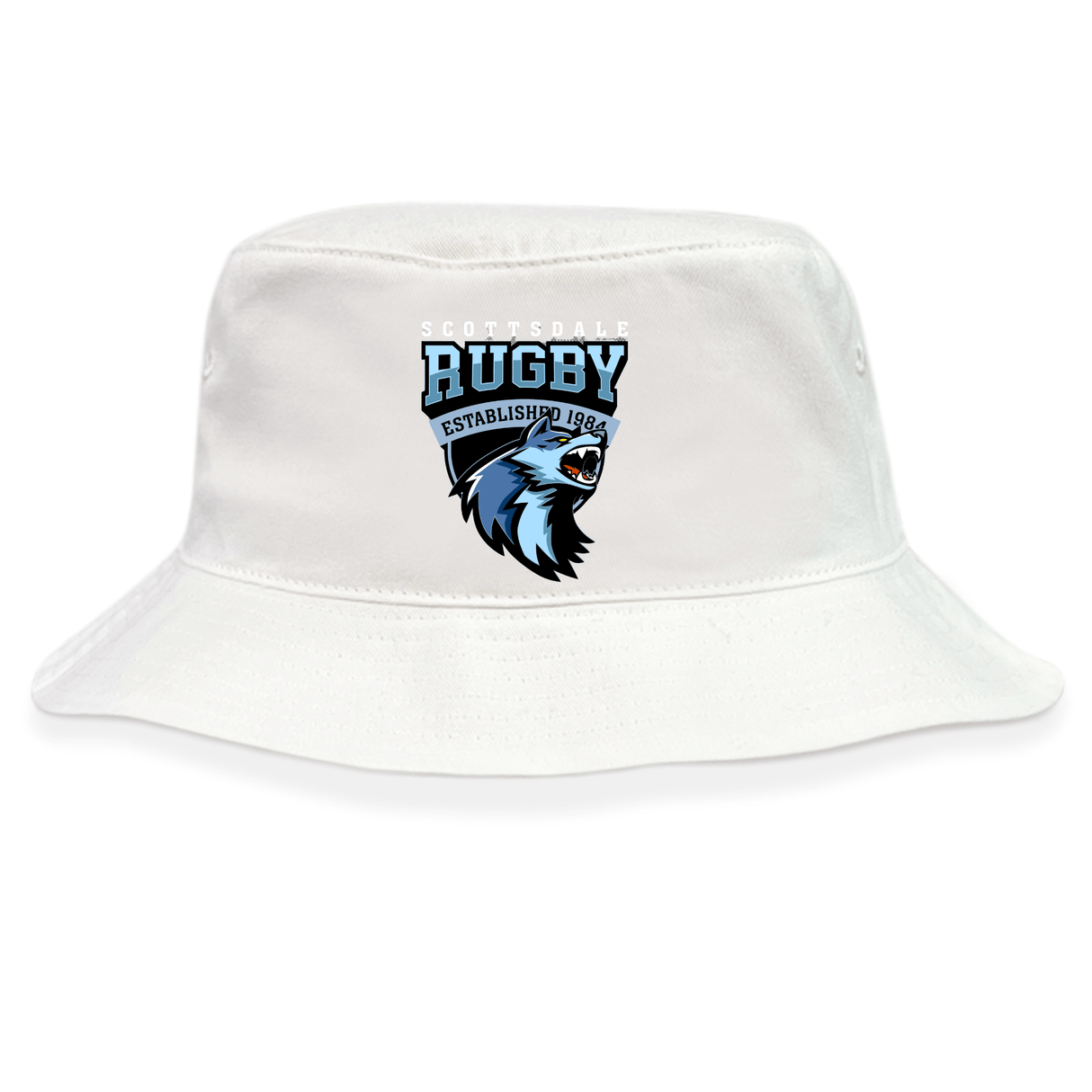 The Scottsdale Rugby Crusher Bucket Cap by EMB S&S Activewear is made from cotton twill and features a roaring bear "Scottsdale Rugby" logo with "Establishment 1964" on the front—ideal for sun protection.