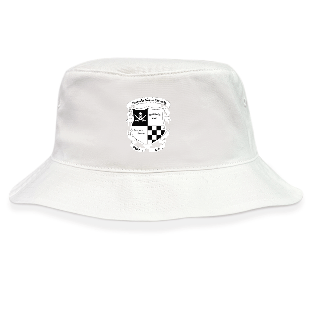 The Rugby Football Club at Christopher Newport University Crusher Bucket Cap by EMB S&S Activewear is a white cotton twill bucket hat with a black and white crest logo and text on the front, providing stylish sun protection.