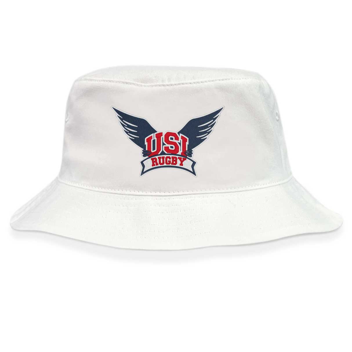 The University of Southern Indiana Crusher Bucket Cap by EMB S&S Activewear is a white cotton twill hat with a front "USI Rugby" wings logo, designed for excellent sun protection.