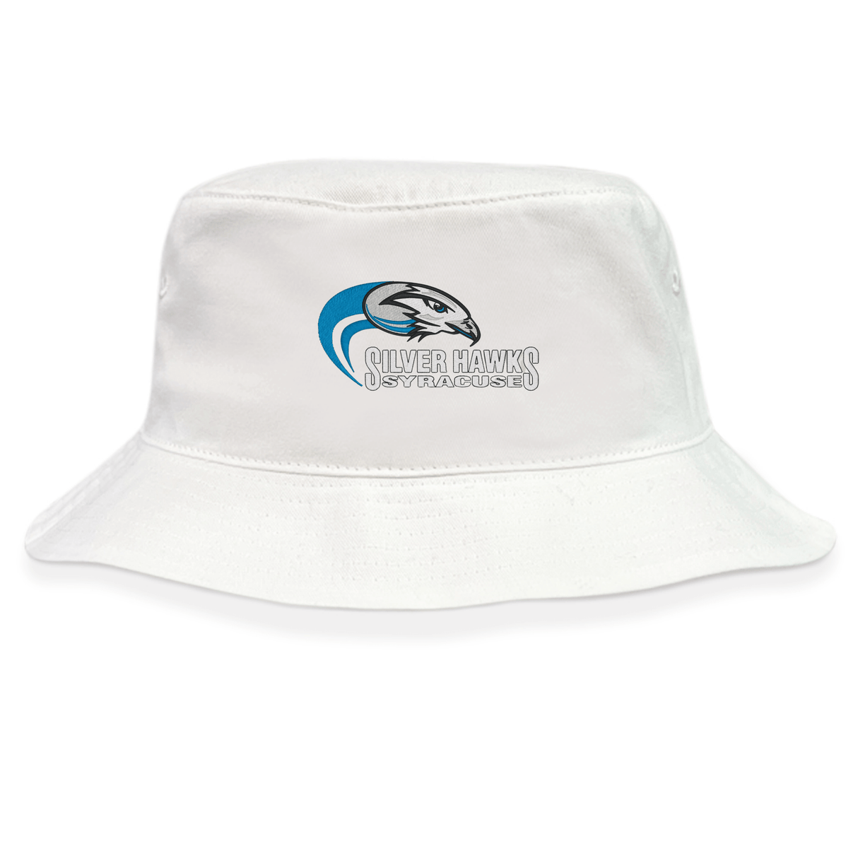 The Syracuse Silver Hawks Crusher Bucket Cap by EMB S&S Activewear is a white cotton twill hat with a stylized hawk head and blue accents, combining stylish "Silver Hawks Syracuse" branding with comfortable sun protection.