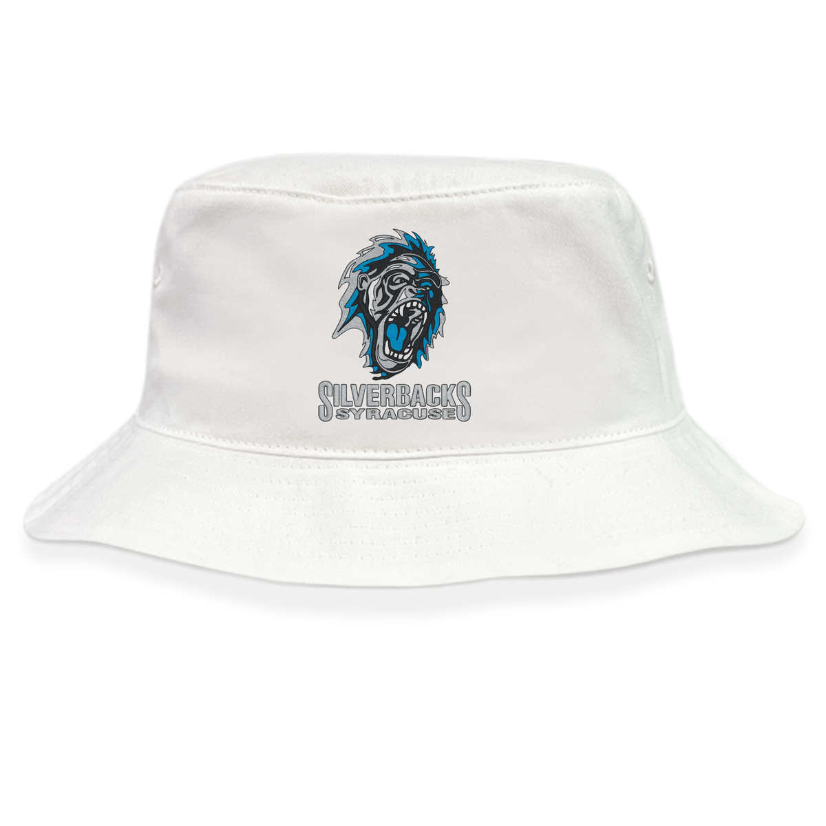 The Syracuse Silverbacks Crusher Bucket Cap by EMB S&S Activewear is a white cotton twill hat featuring a roaring gorilla logo and "SILVERBACKS SYRACUSE" text in blue and gray, offering stylish sun protection.