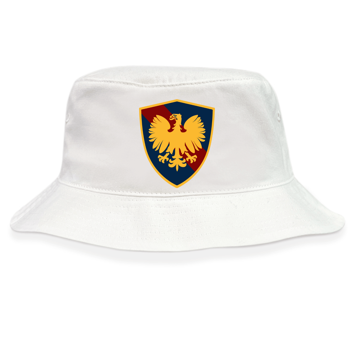 The Cincinnati Classical Academy Crusher Bucket Cap by EMB S&S Activewear is a white cotton twill hat with a shield emblem featuring a yellow eagle on blue and red, combining stylish design with sun protection.