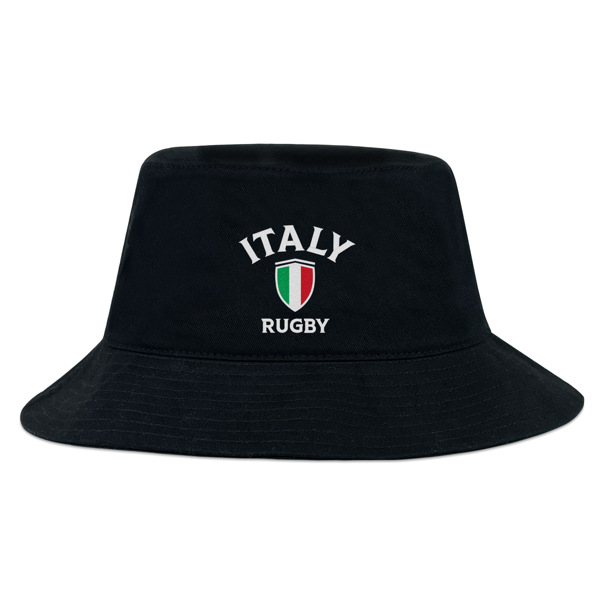 The EMB S&S Activewear Nations of Rugby Italy Rugby Crusher Bucket Hat features "ITALY" and "RUGBY" text plus an Italian flag shield emblem—ideal for any Italy rugby supporter.