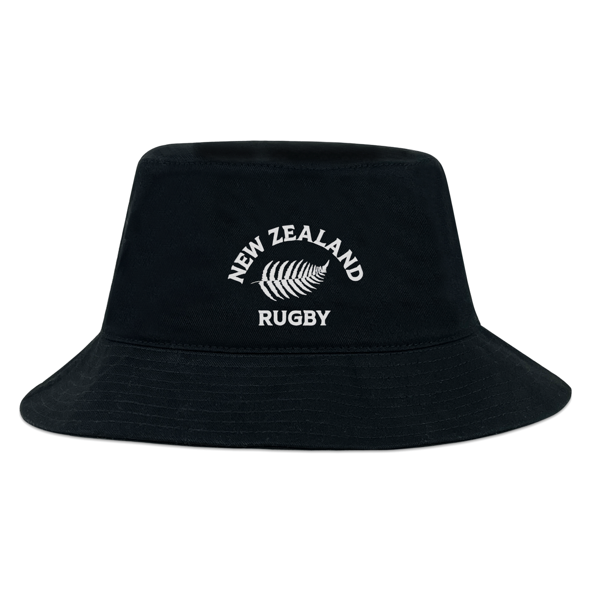 The EMB S&S Activewear Nations of Rugby New Zealand Rugby Crusher Bucket Hat features “NEW ZEALAND RUGBY” and a silver fern logo embroidered in white—a must-have accessory for any rugby supporter.