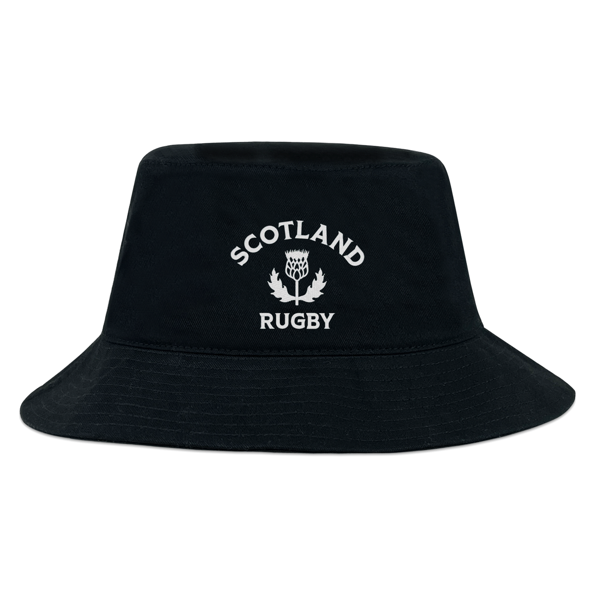 The Nations of Rugby Scotland Rugby Crusher Bucket Hat by EMB S&S Activewear features "Scotland Rugby" and a thistle embroidered in white—a must-have black bucket hat for every true Scotland fan.