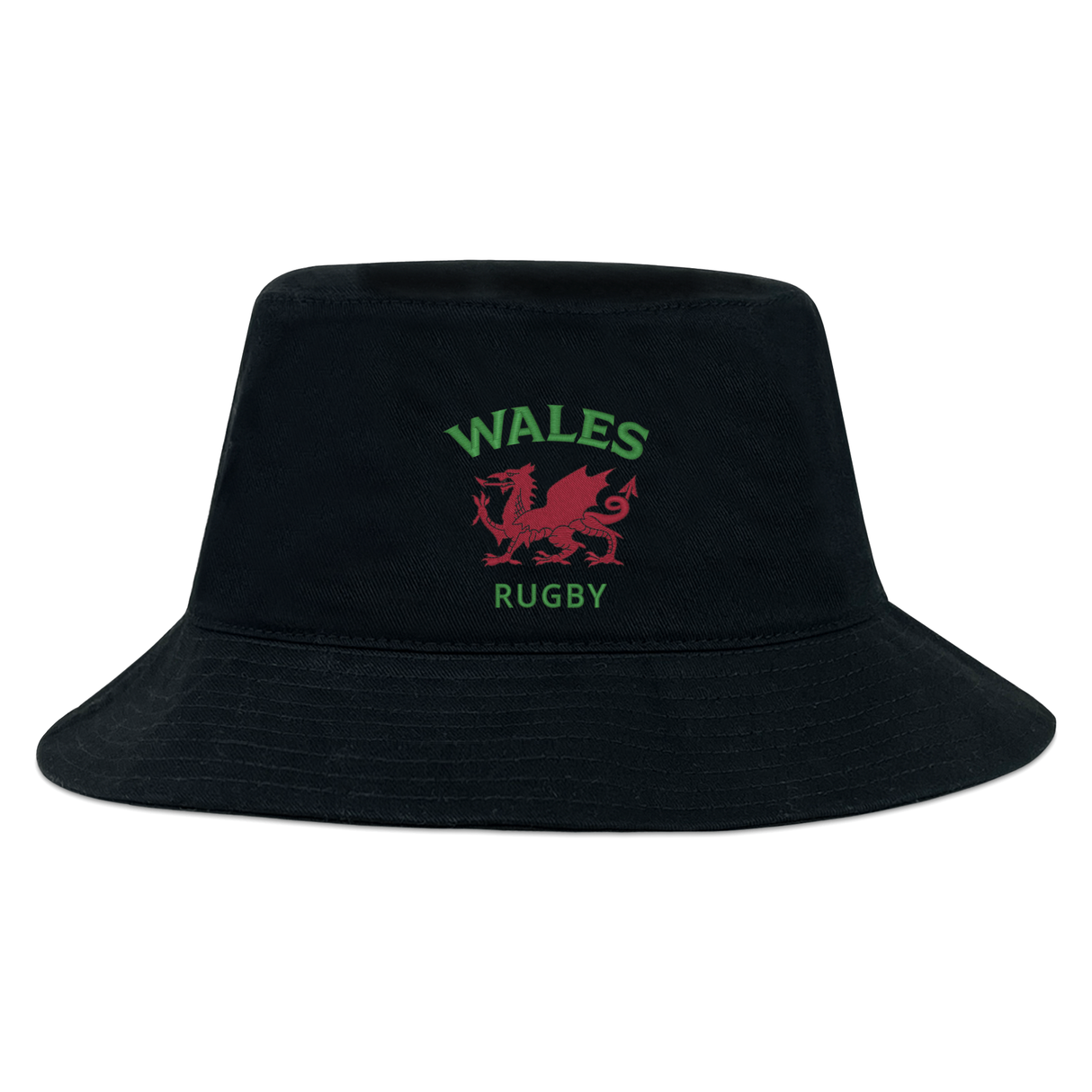 Show your Wales pride with the EMB S&S Activewear Nations of Rugby Wales Rugby Crusher Bucket Hat, featuring black cotton twill, "Wales Rugby" text, and a red Welsh dragon embroidered on the front. Perfect for devoted rugby fans!.