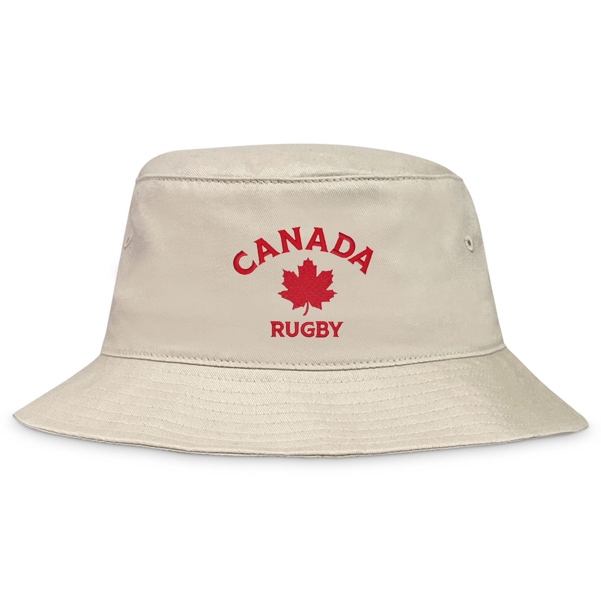 The EMB S&S Activewear Nations of Rugby Canada Rugby Crusher Bucket Hat is a beige cotton twill bucket hat with "Canada Rugby" and a red maple leaf embroidered on the front.