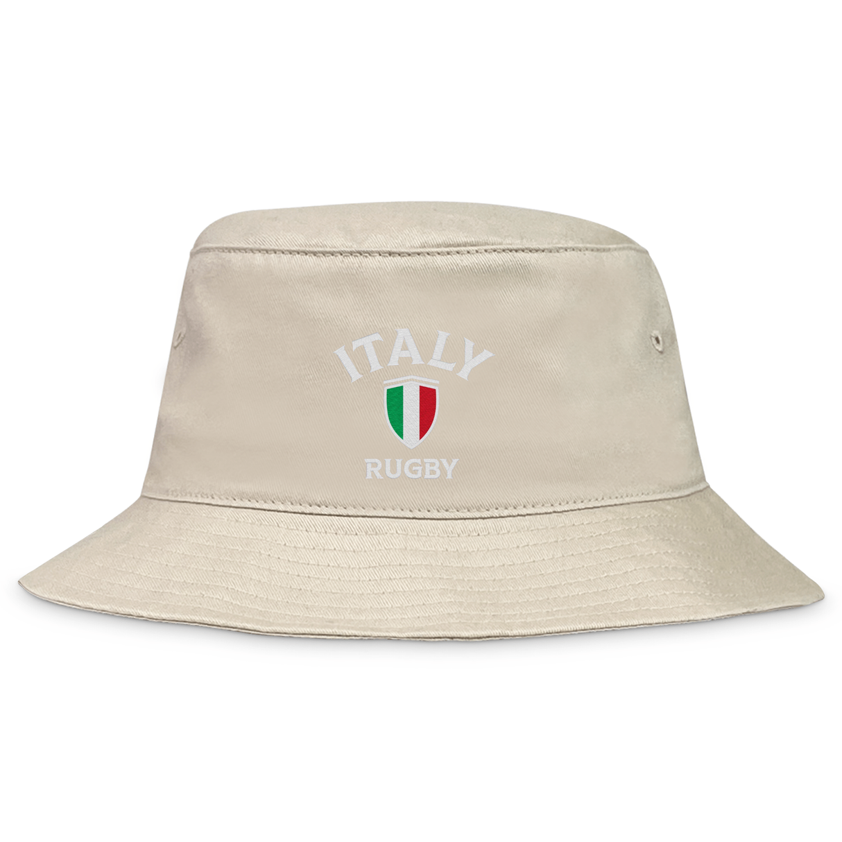 The Nations of Rugby Italy Rugby Crusher Bucket Hat by EMB S&S Activewear features "Italy Rugby" and a shield with the Italian flag colors—a must-have bucket hat for Italy rugby fans.