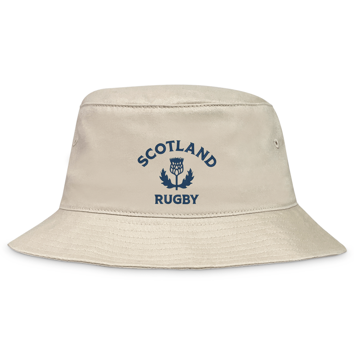 The EMB S&S Activewear Nations of Rugby Scotland Rugby Crusher Bucket Hat features "Scotland Rugby" and a blue thistle logo—ideal for any Scotland supporter.