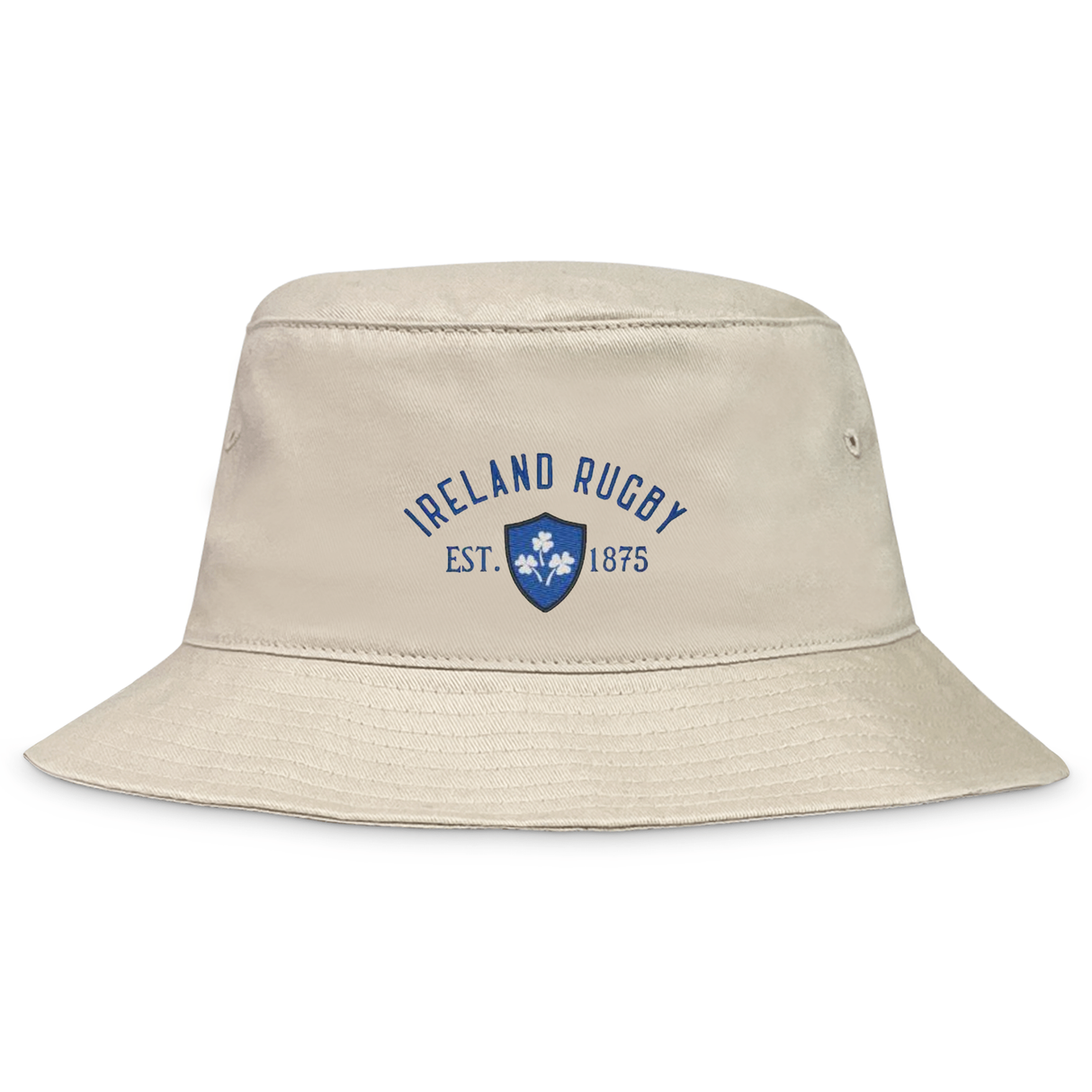 The EMB S&S Activewear Ireland Rugby 1875 Crusher Bucket Hat is a beige cotton twill hat with a blue "Ireland Rugby Est. 1875" logo and crest—ideal for Ireland supporters.