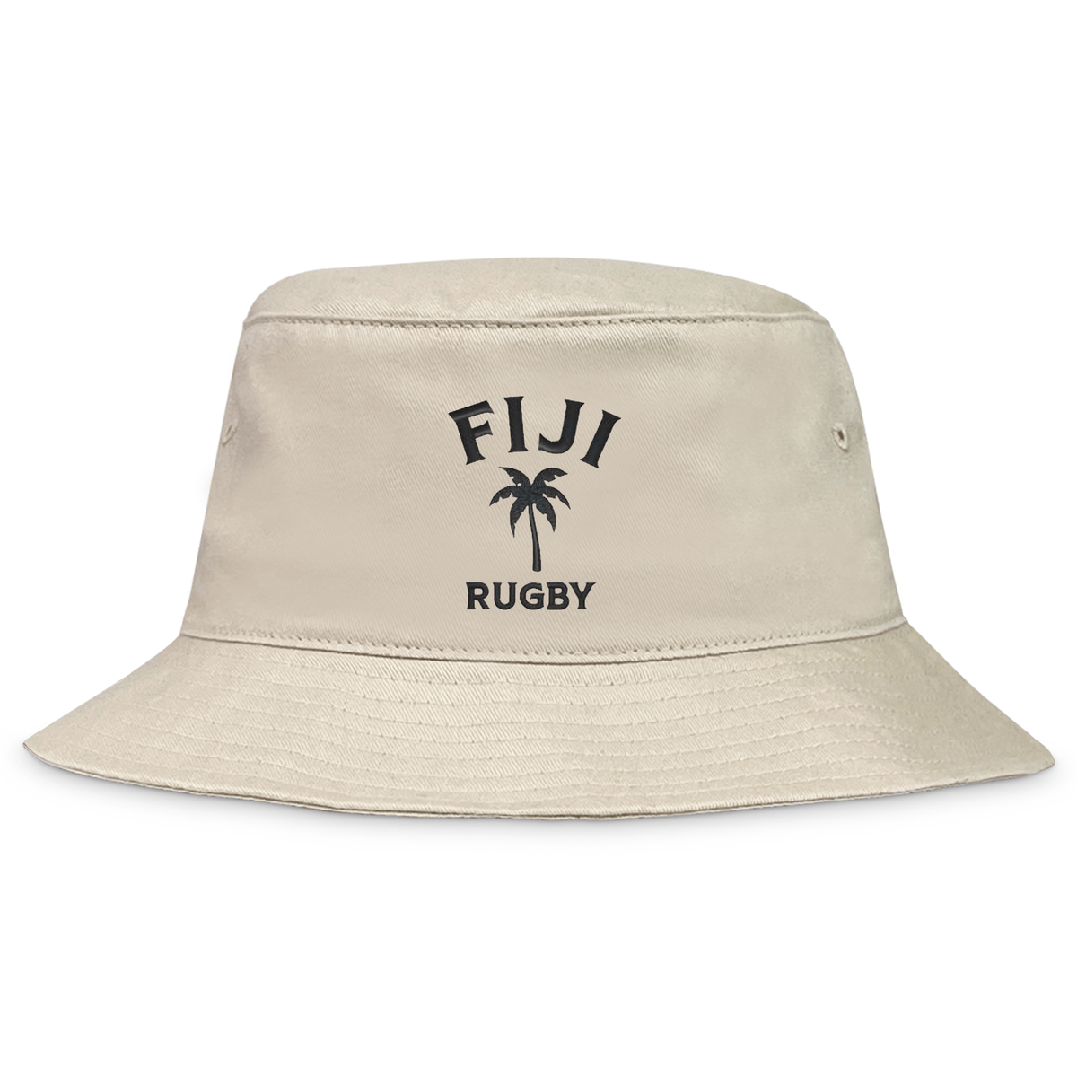 Support your team with the EMB S&S Activewear Nations of Rugby Fiji Rugby Crusher Bucket Hat, featuring "FIJI RUGBY" and a palm tree in black on cotton twill—perfect for any dedicated rugby fan.