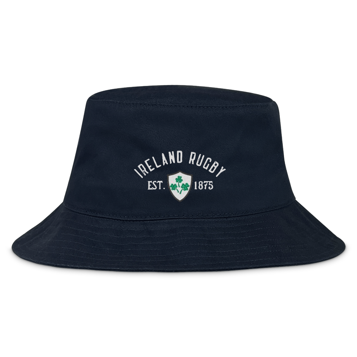 The Ireland Rugby 1875 Crusher Bucket Hat by EMB S&S Activewear features navy blue cotton twill with "Ireland Rugby Est. 1875" and a green shamrock crest embroidered on the front—ideal for any Irish rugby fan.