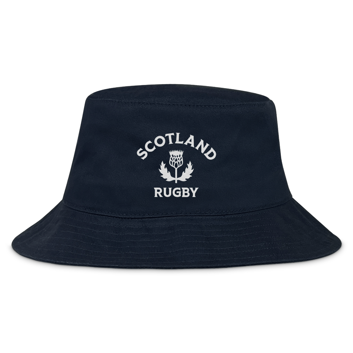 The Nations of Rugby Scotland Rugby Crusher Bucket Hat by EMB S&S Activewear features "Scotland Rugby" and a thistle emblem in white embroidery, making it the perfect hat for showing your team pride.