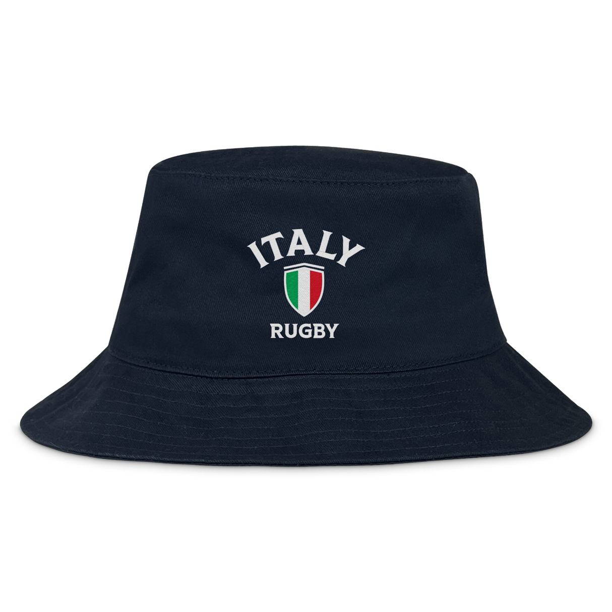 The EMB S&S Activewear Nations of Rugby Italy Rugby Crusher Bucket Hat features navy blue cotton twill and front embroidery of "ITALY RUGBY" with an Italian flag shield—ideal for passionate rugby fans.