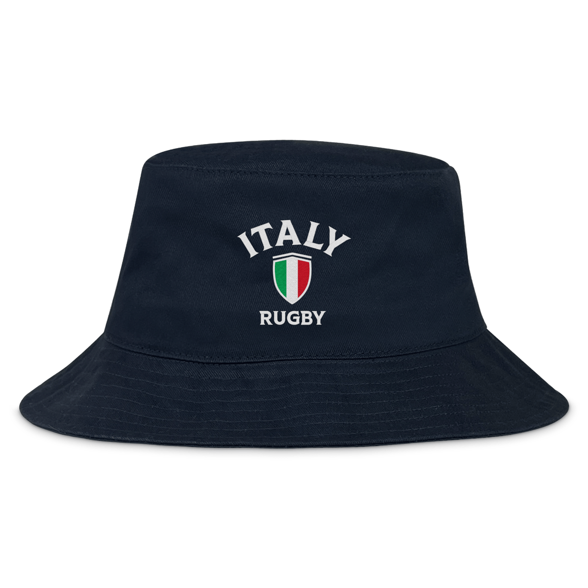 The EMB S&S Activewear Nations of Rugby Italy Rugby Crusher Bucket Hat features navy blue cotton twill and front embroidery of "ITALY RUGBY" with an Italian flag shield—ideal for passionate rugby fans.