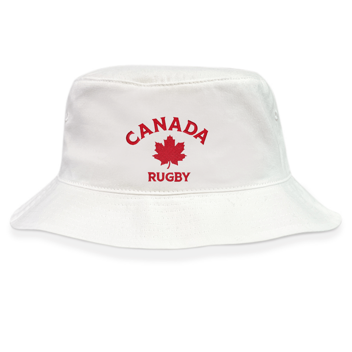 Show your support with the EMB S&S Activewear Nations of Rugby Canada Rugby Crusher Bucket Hat, featuring "CANADA RUGBY" and a red maple leaf on the front. Perfect for fans and players alike.