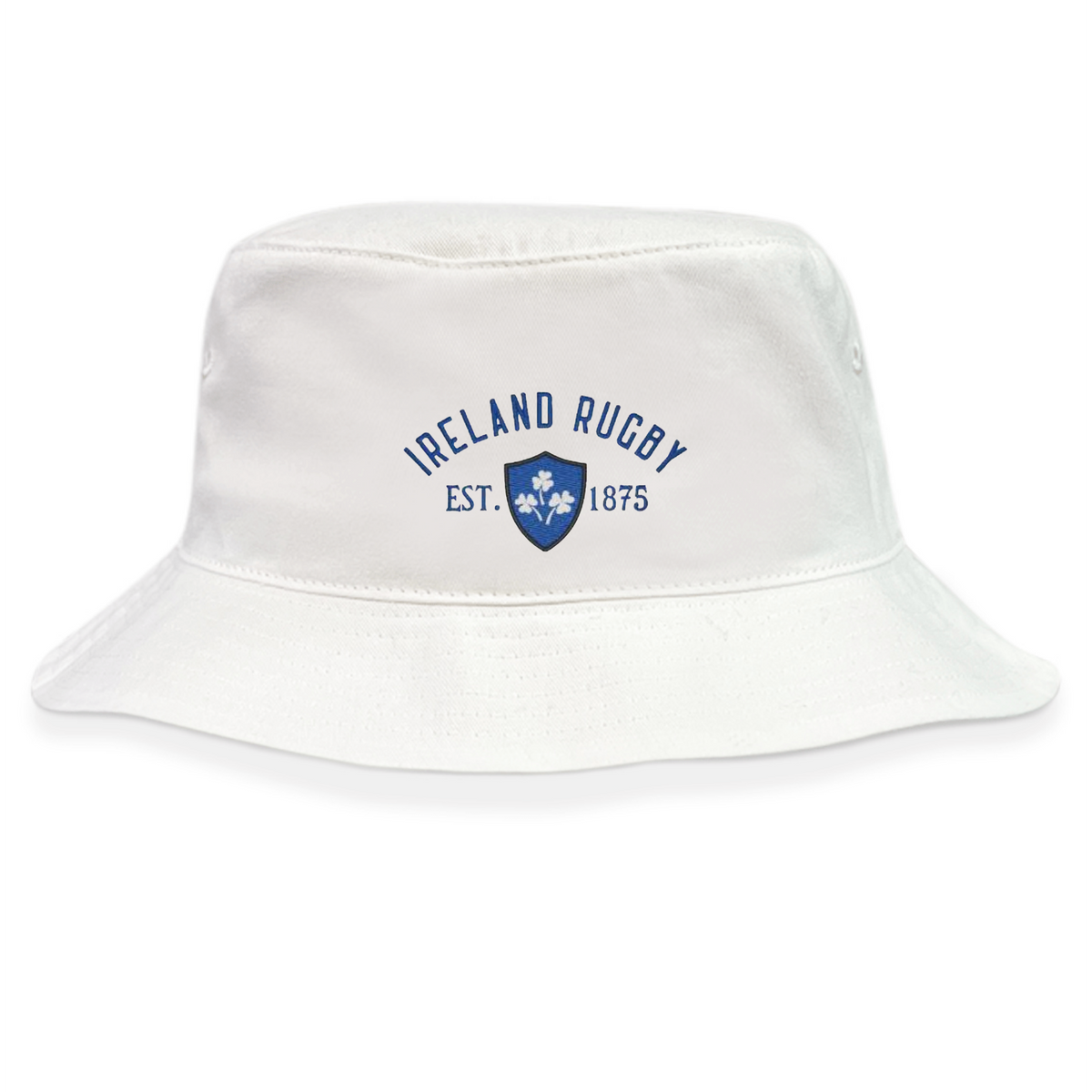 The EMB S&S Activewear Ireland Rugby 1875 Crusher Bucket Hat features white cotton twill, "Ireland Rugby" and "EST. 1875" in blue above a blue shield with three shamrocks. Ideal for any Ireland supporter!.