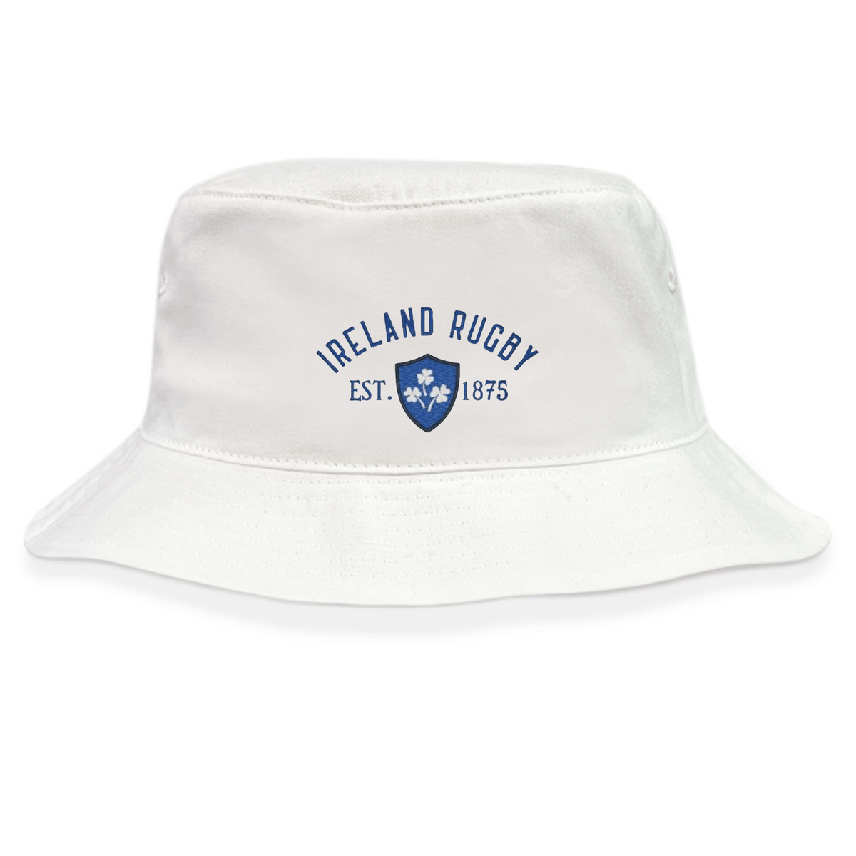 The EMB S&S Activewear Ireland Rugby 1875 Crusher Bucket Hat features white cotton twill, "Ireland Rugby" and "EST. 1875" in blue above a blue shield with three shamrocks. Ideal for any Ireland supporter!.