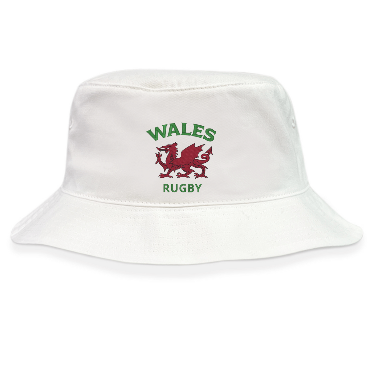 The EMB S&S Activewear Nations of Rugby Wales Rugby Crusher Bucket Hat features the red Welsh dragon and green "WALES RUGBY" text—an ideal bucket hat for any proud Wales rugby supporter.